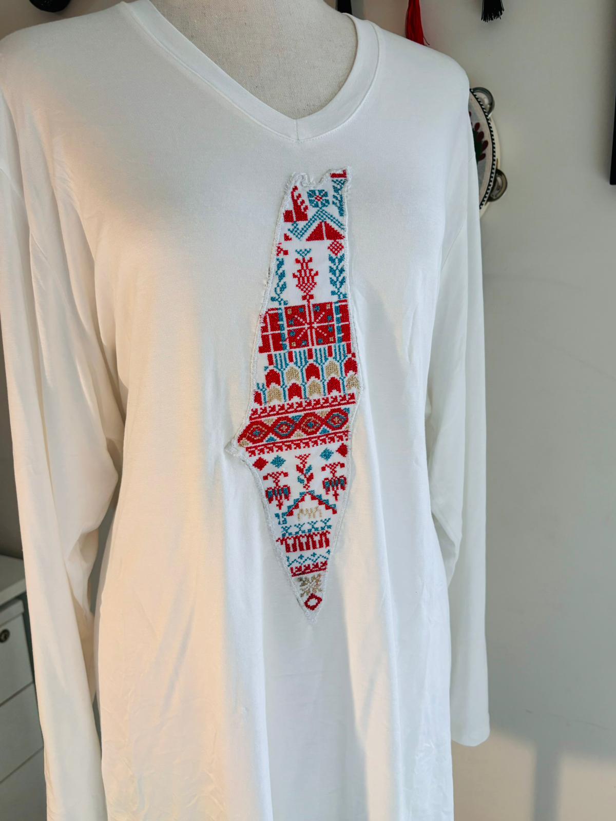 Long Sleeve T-Shirt with Palestine Map (White)