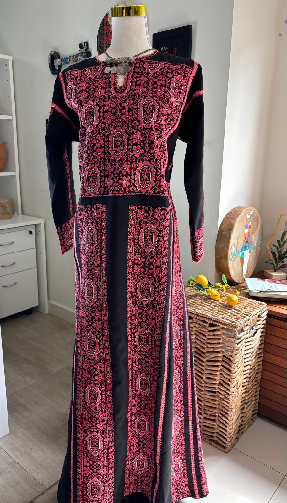 Hand-Embroidered Vintage Palestinian Thobe. (Black and Pink Tatreez)