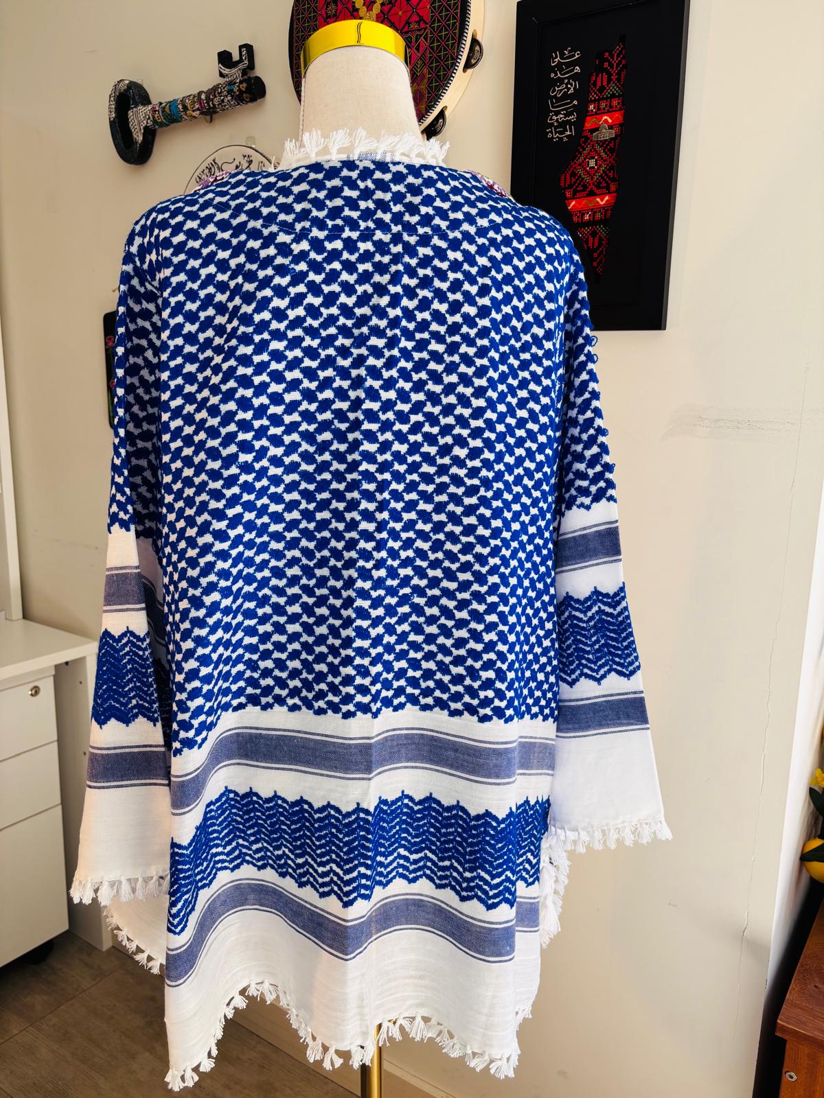 Blue Keffiyeh Jacket with Colorful Hand Embroidery. Design 1