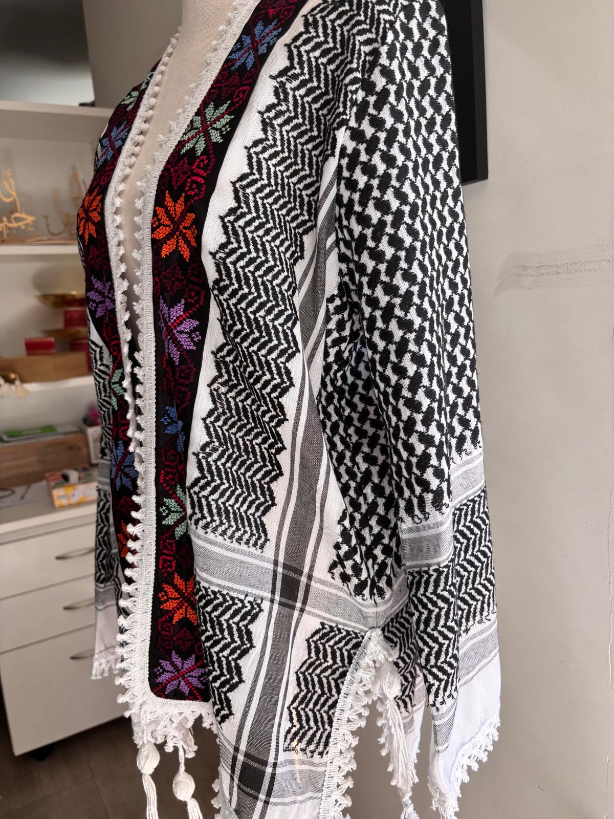 Black Keffiyeh Jacket with Colorful Hand Embroidery.