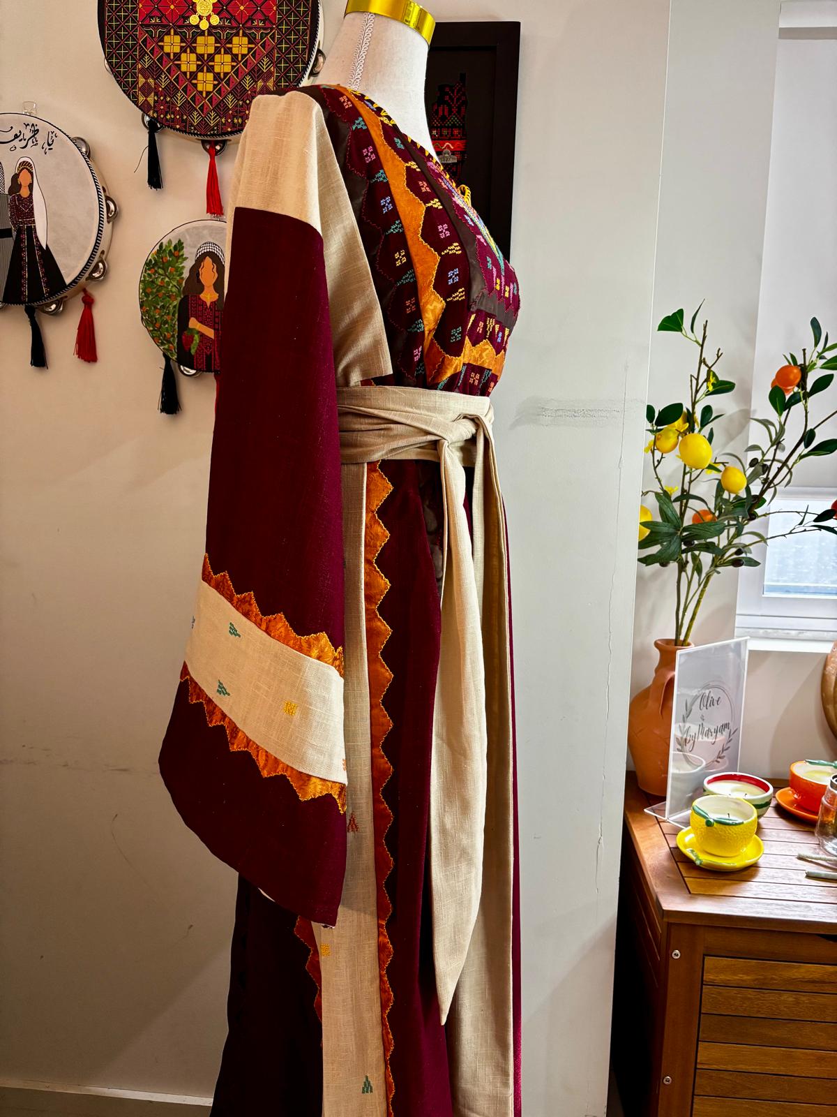 Beige Burgandy and Orange Tashreefat Hand Embroidered Thobe