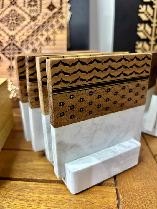 Marble Wood Keffiyeh Coasters with a Stand (4 Coasters)