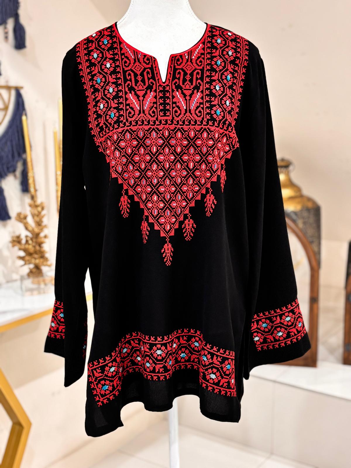 Palestinian Embroidered Top (Black and Red)