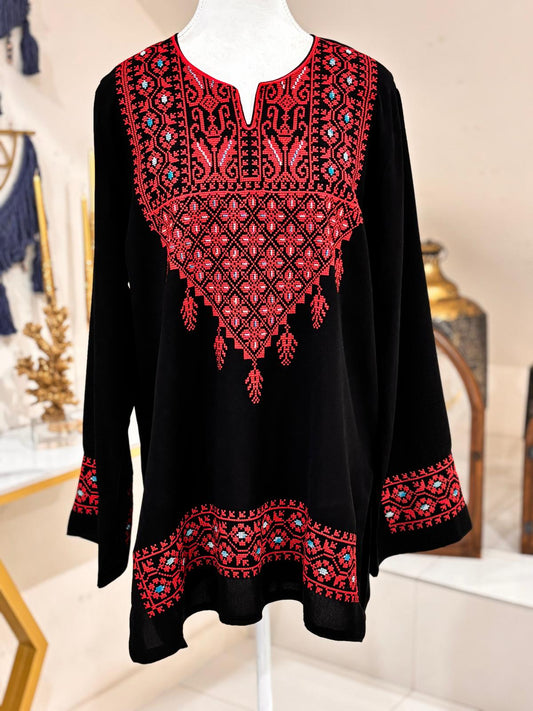 Palestinian Embroidered Top (Black and Red)