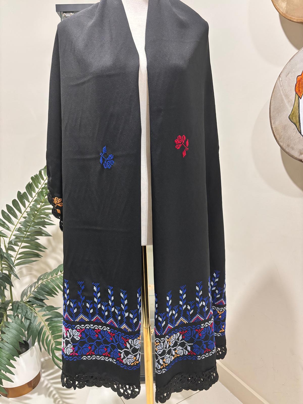 Black Wide Shawl With Blue Hand Embroidery