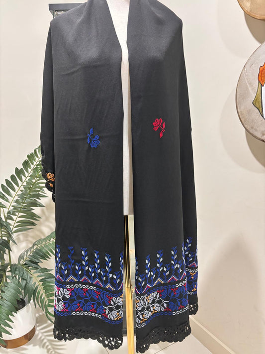 Black Wide Shawl With Blue Hand Embroidery