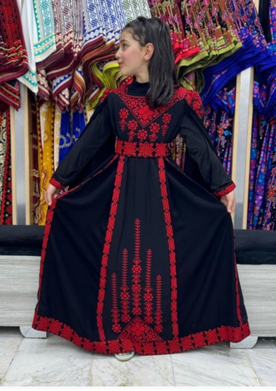 Elegant Black dress with Red Tatreez for Kids (Age: 4-10 years)