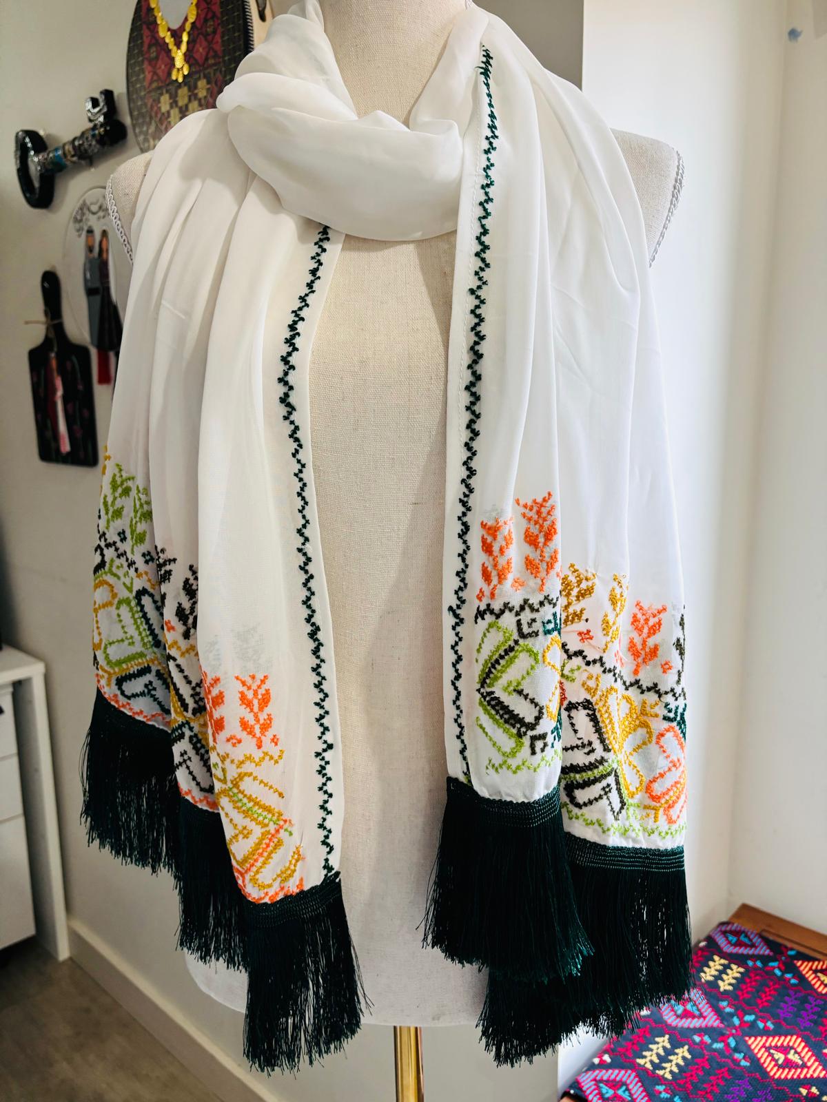 Chiffon with Dark Green Hand-embroidery Shawl