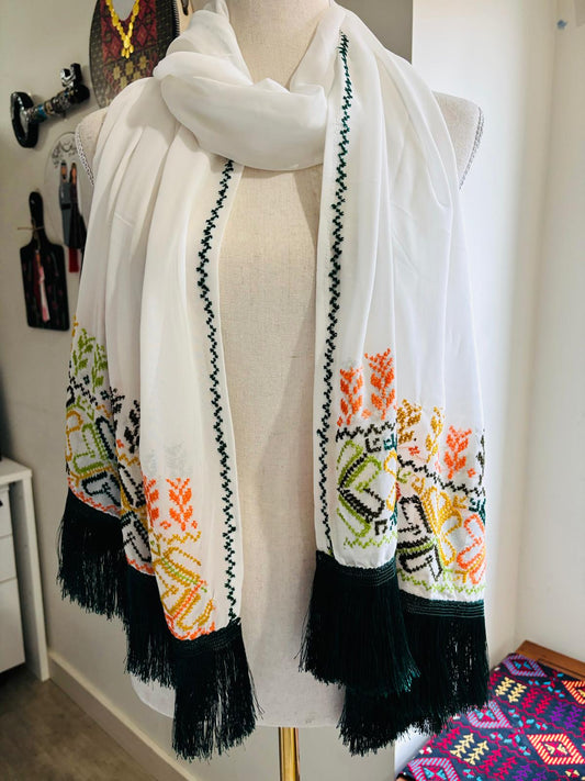 Chiffon with Dark Green Hand-embroidery Shawl