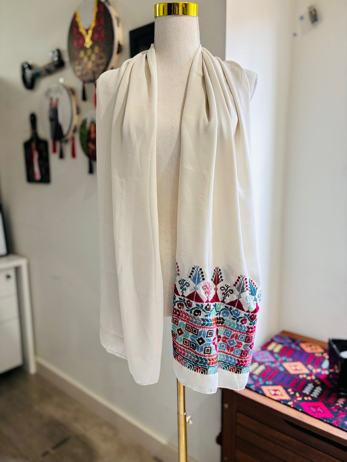 Hand embroidered off White Shawl