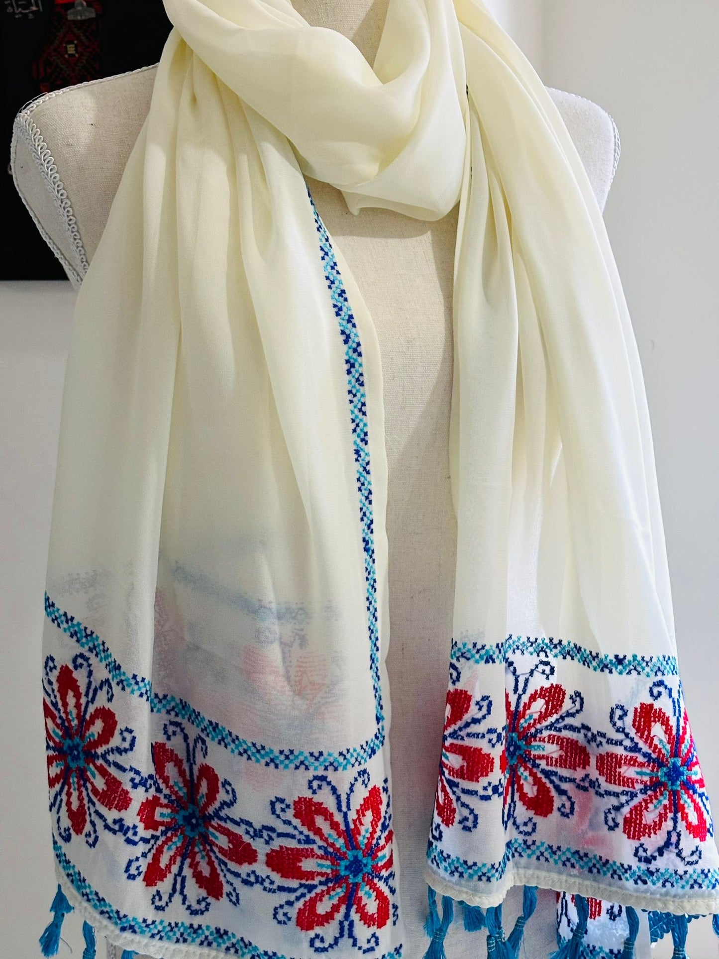Hand embroidered White Shawl with Blue and Red Tatreez
