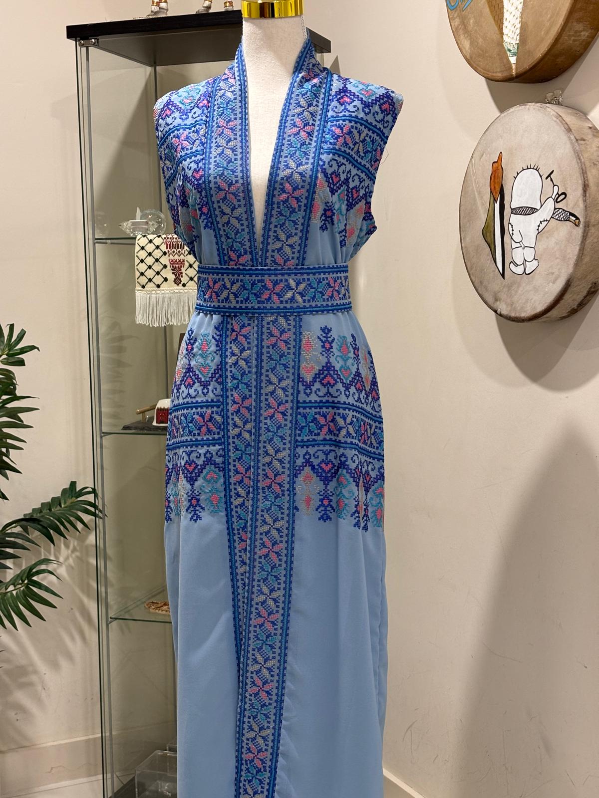 Blue Tatreez Long Vest with Belt
