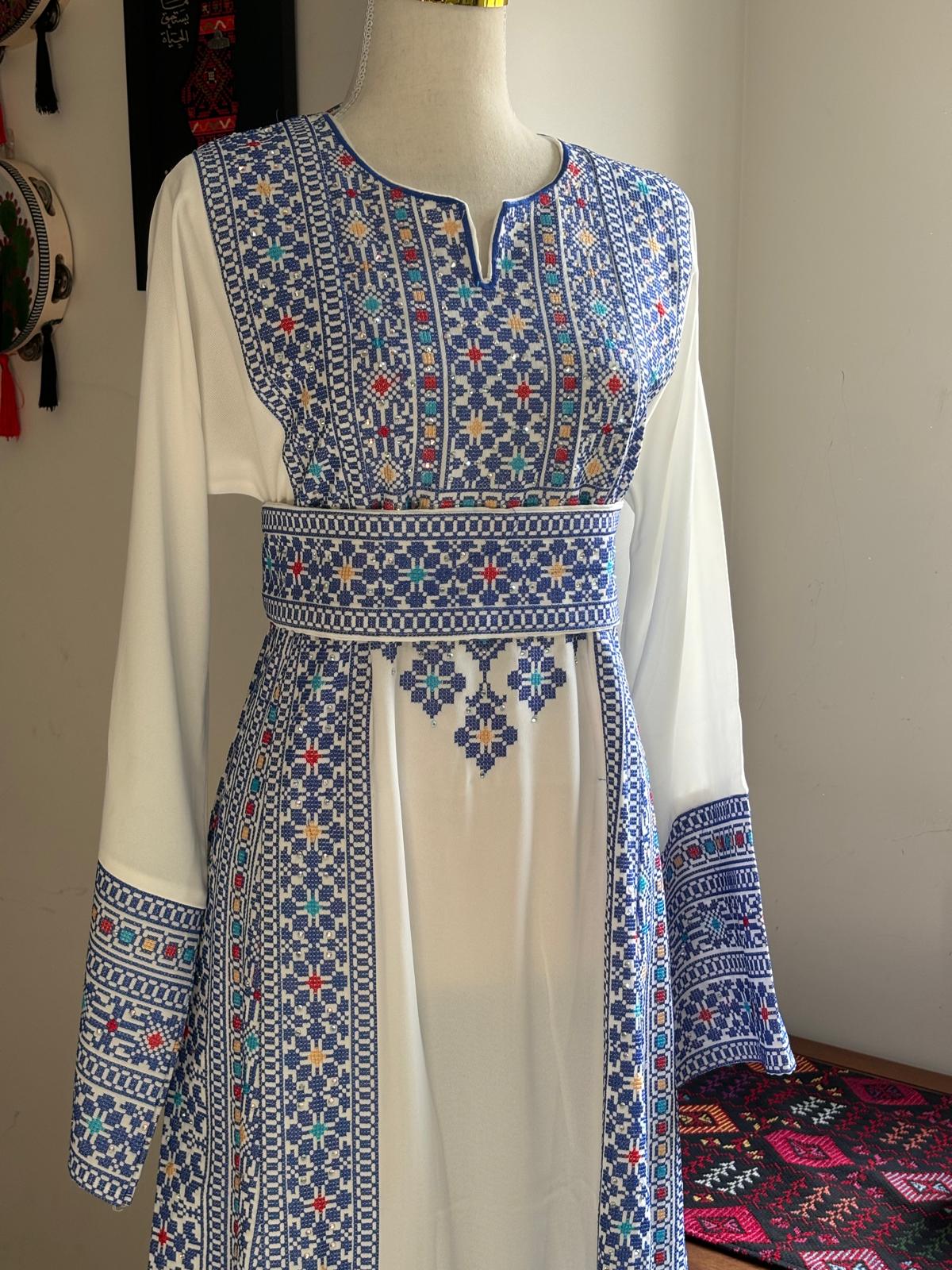 Palestinian Embroidered Thobe With Adjustable Belt  (Blue and White)
