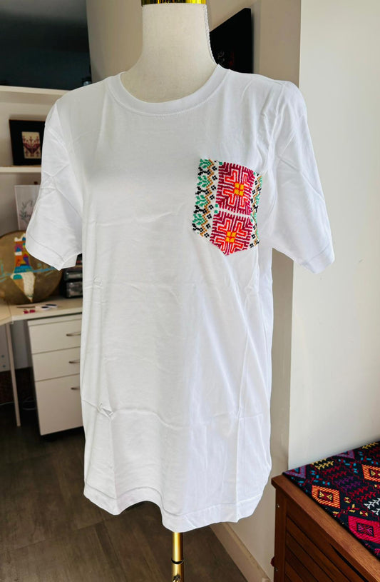 White Cotton T-Shirt with colored Hand-embroidered Pocket (For him & her)