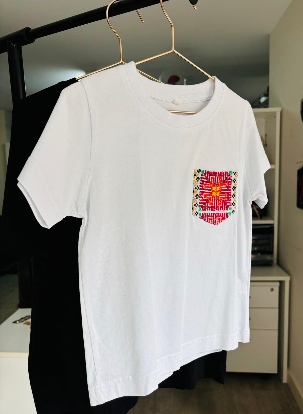 White Cotton T-Shirt with colored Hand-embroidered Pocket (For kids)