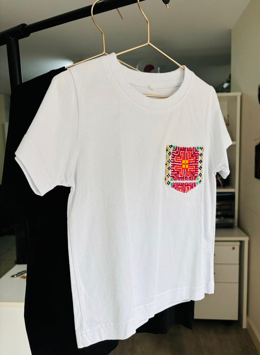 White Cotton T-Shirt with colored Hand-embroidered Pocket (For kids)