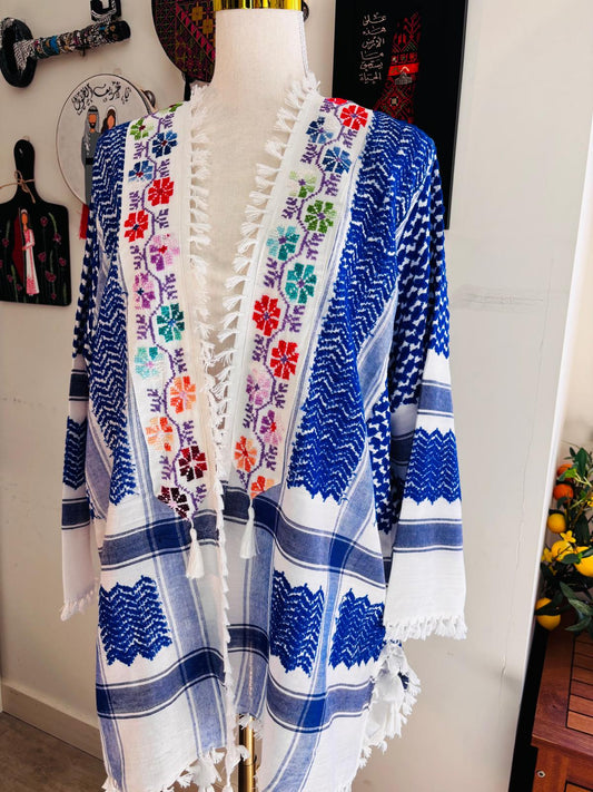 Blue Keffiyeh Jacket with Colorful Hand Embroidery. Design 1