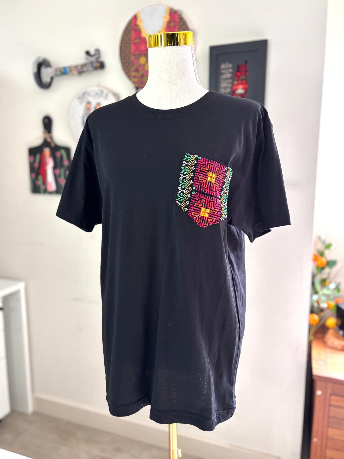 Black Cotton T-Shirt with colored Hand-embroidered Pocket (For him & her)