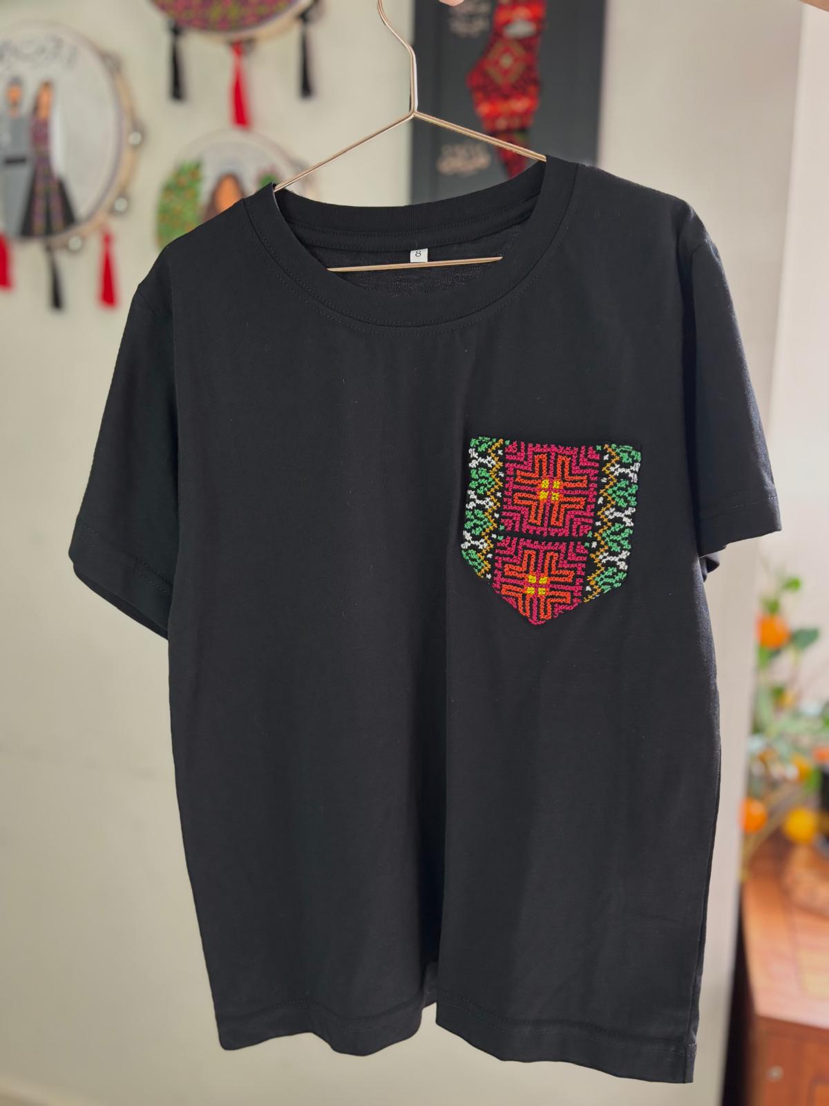 Black Cotton T-Shirt with Hand-embroidered Pocket (For kids)