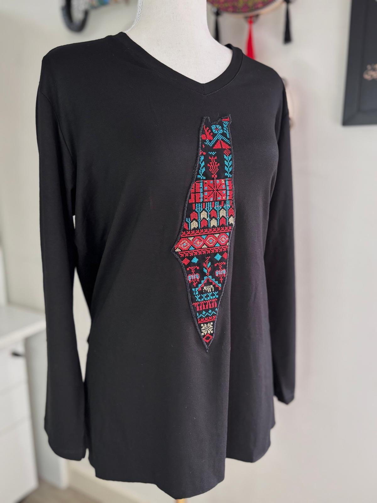 Long Sleeve T-Shirt with Palestine Map (Black)