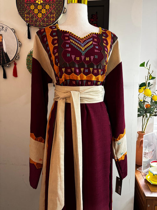 Beige Burgandy and Orange Tashreefat  Hand Embroidered Thobe
