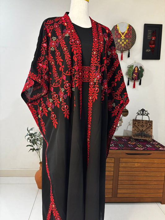 Free size Abaya (Black and Red Leaves Embroidery)