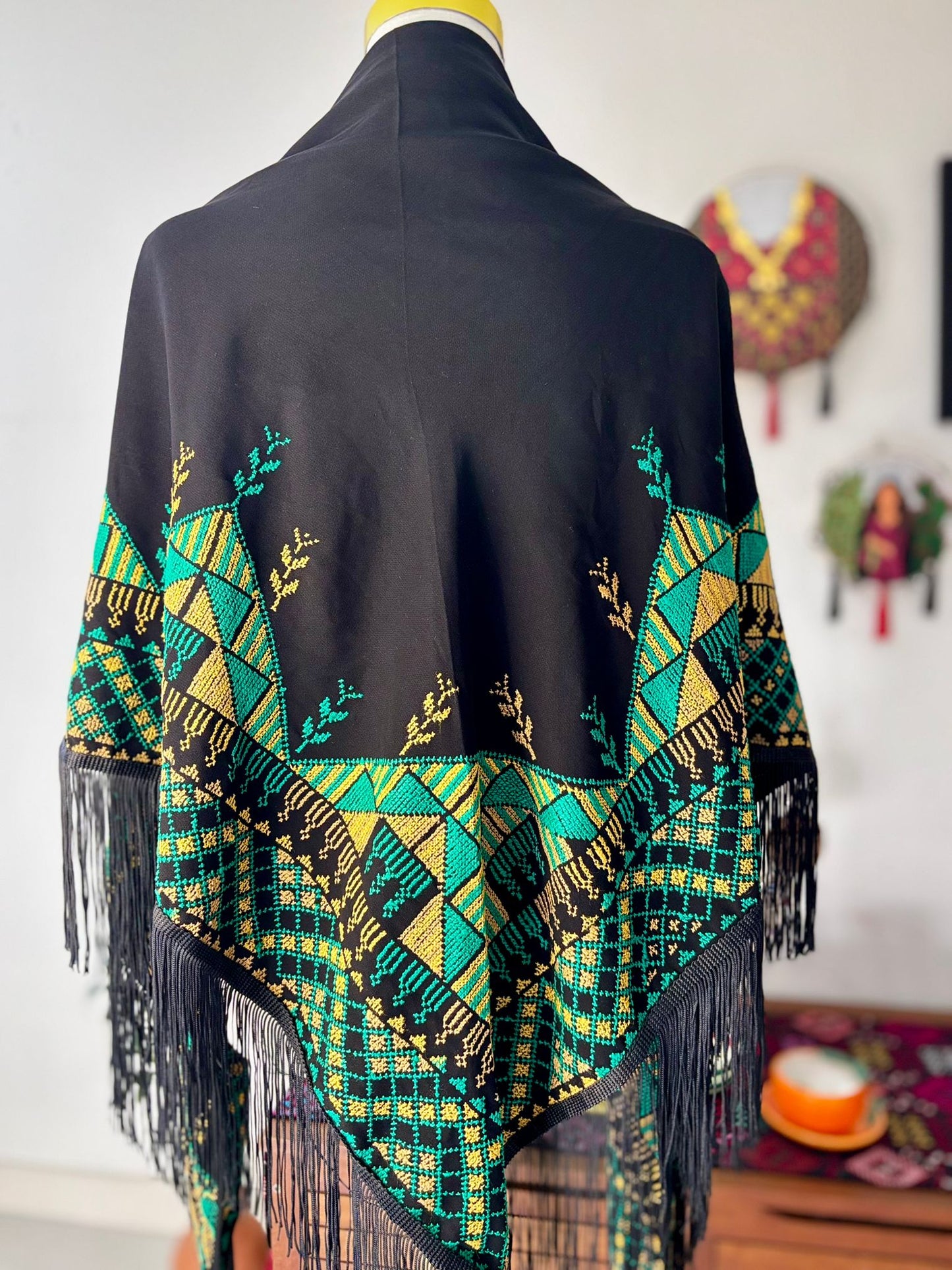 Yellow and Green Embroidered Shawl