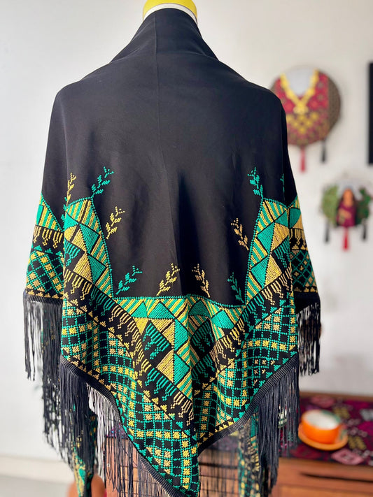 Yellow and Green Embroidered Shawl