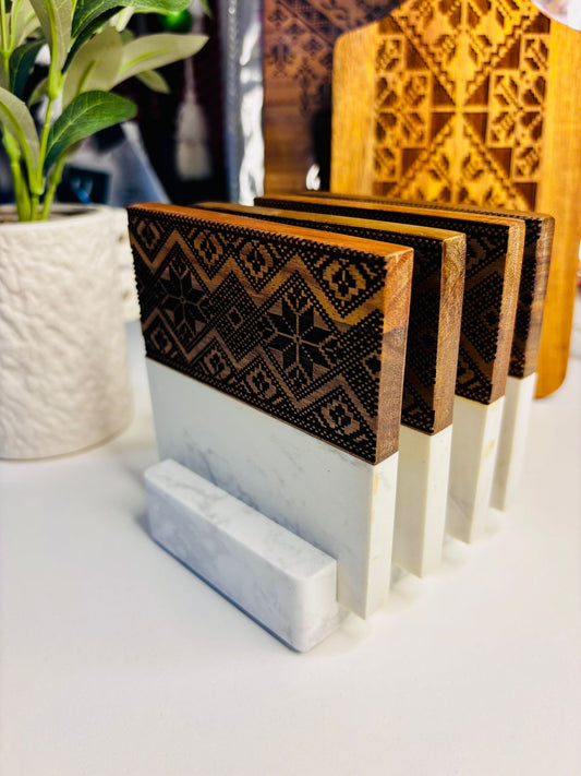 Marble Wood Tatreez Coasters with a Stand (4 coasters)