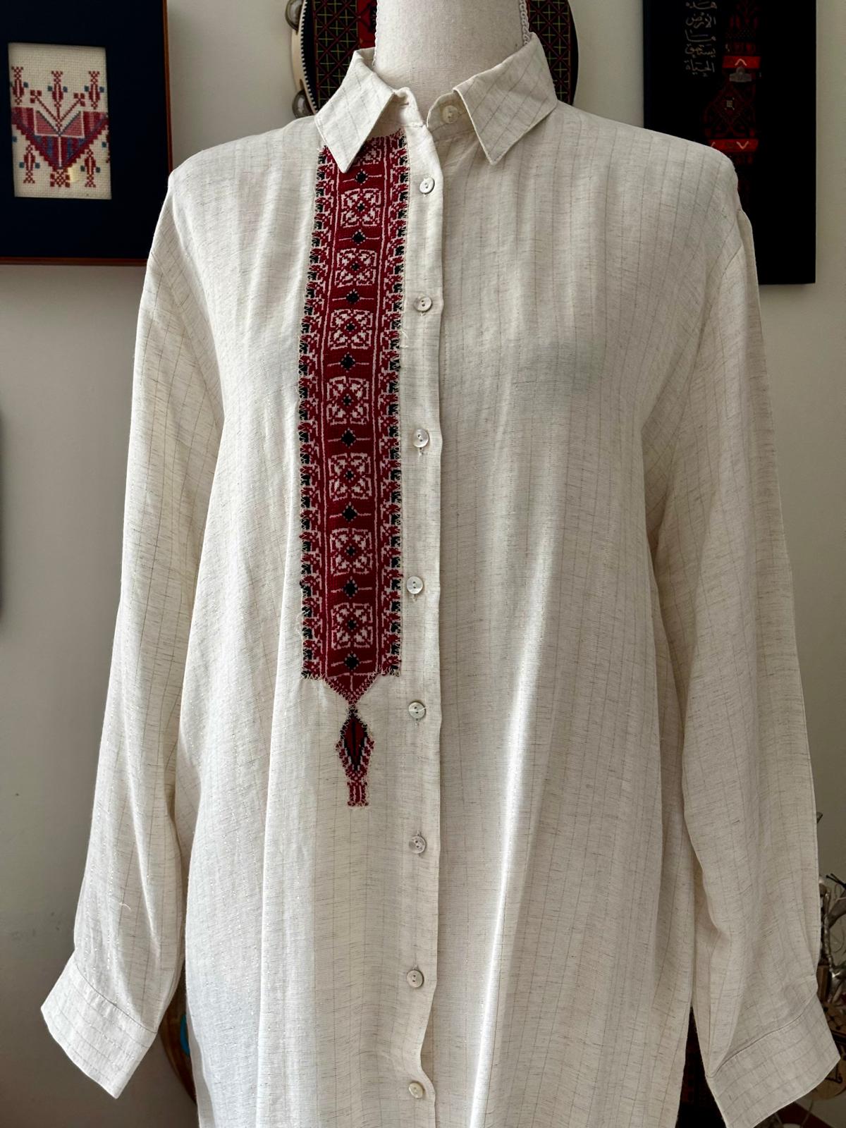 Beige Shirt with Red Tatreez.