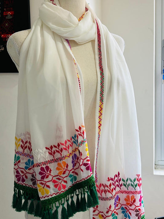 Hand embroidered White Shawl and Light Green Tassels