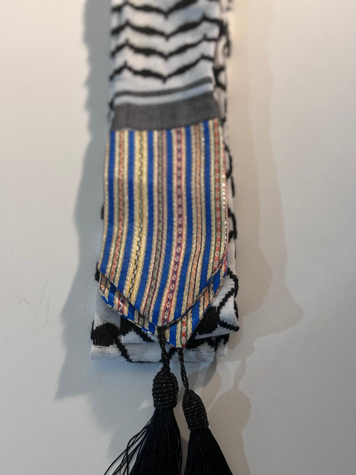 Keffiyeh Belt with Black Tassel & Blue and Gold Saya Fabric