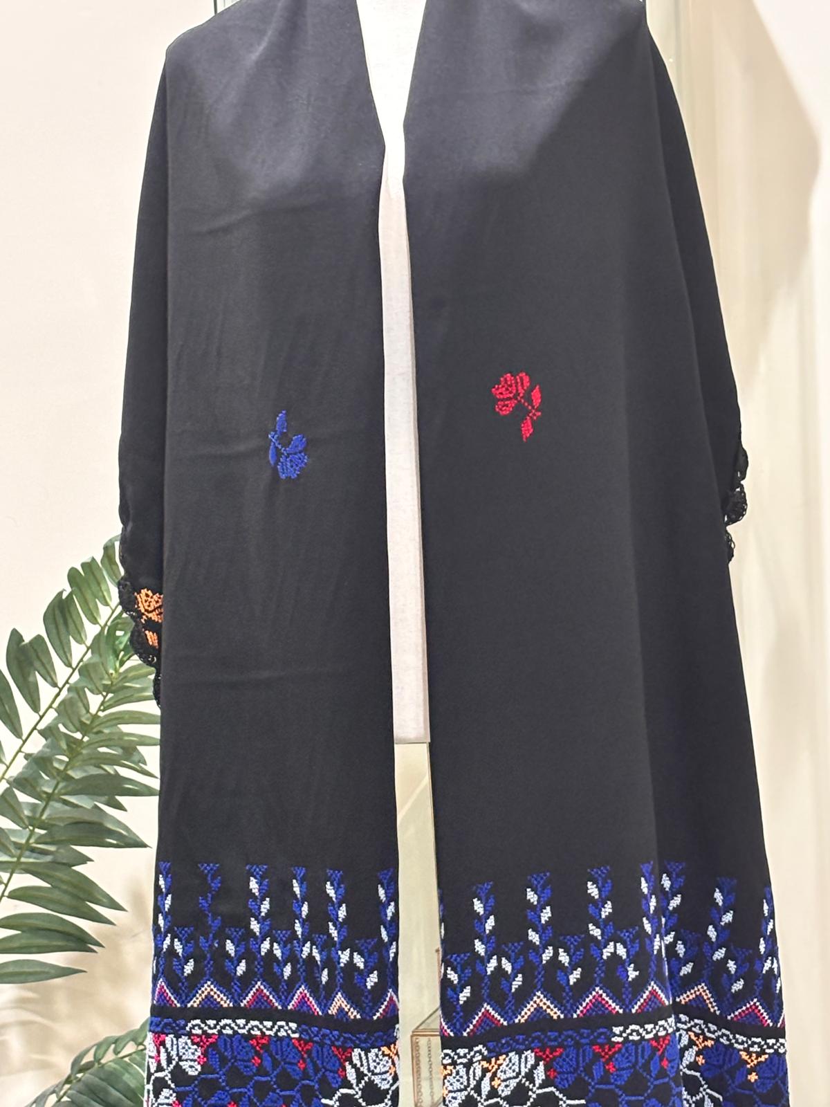 Black Wide Shawl With Blue Hand Embroidery