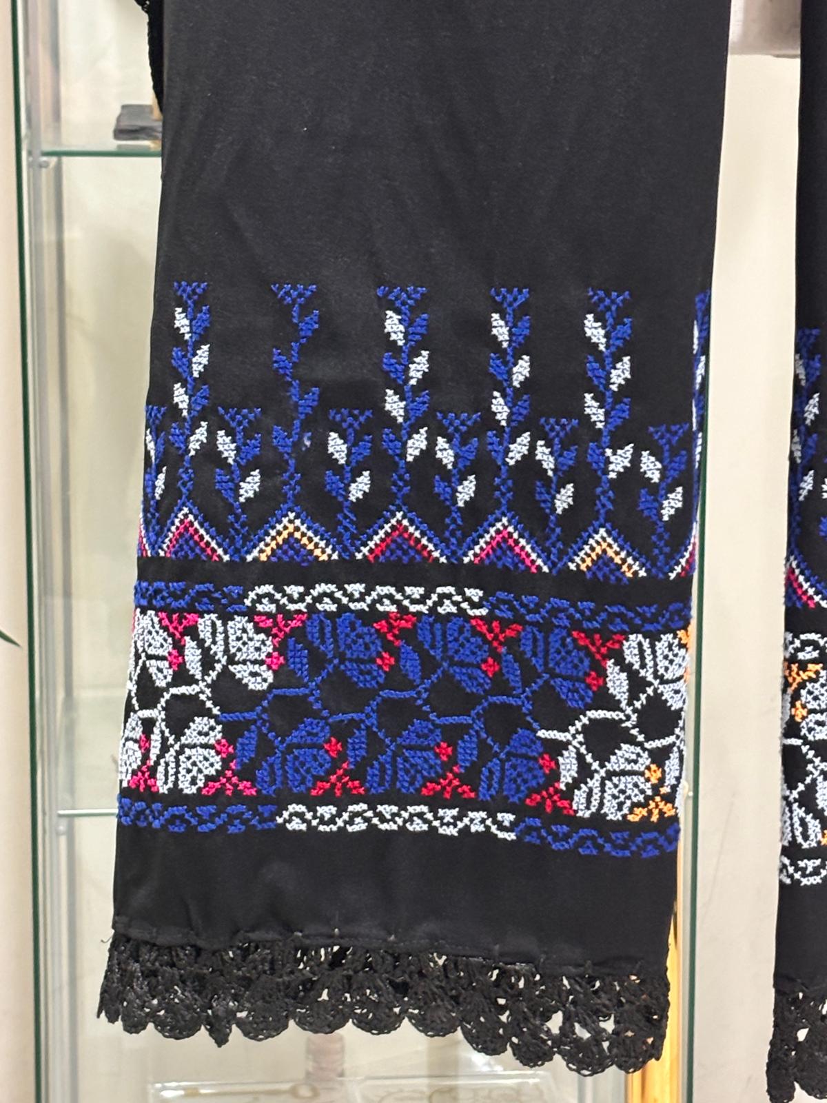 Black Wide Shawl With Blue Hand Embroidery