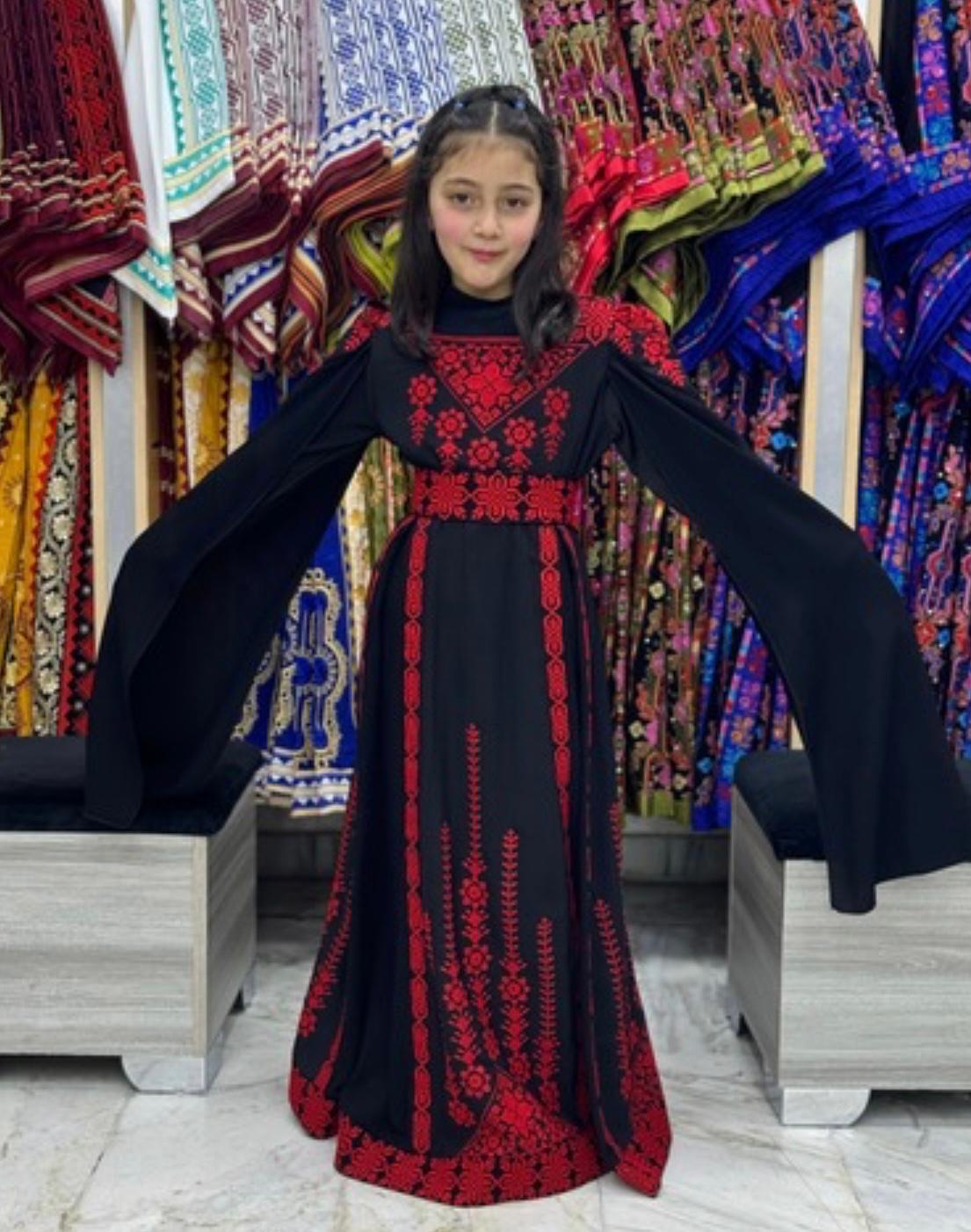 Elegant Black dress with Red Tatreez for Kids (Age: 4-10 years)