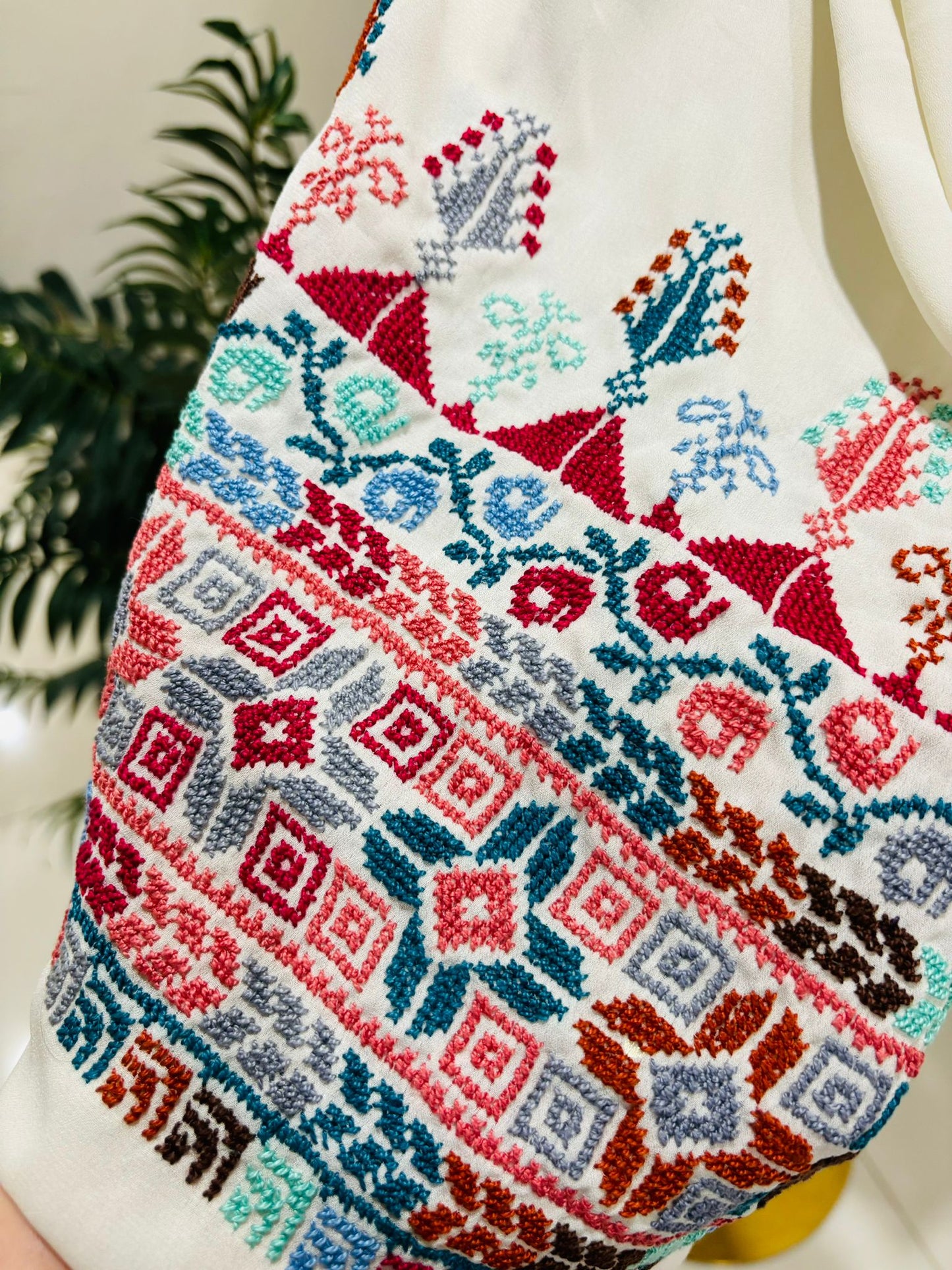 Hand embroidered off White Shawl