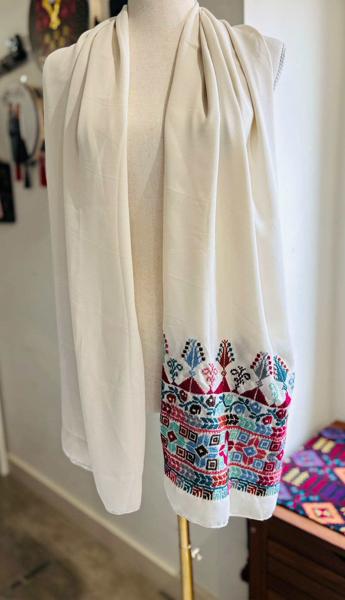 Hand embroidered off White Shawl