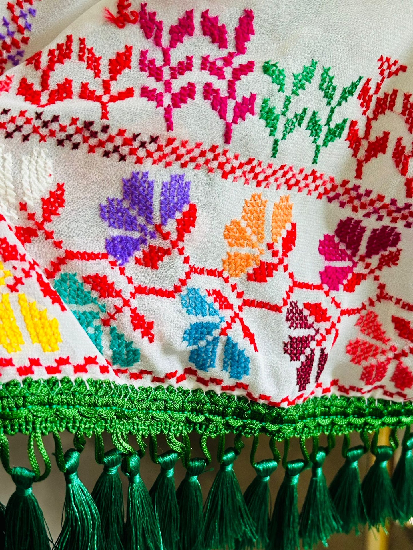 Hand embroidered White Shawl and Light Green Tassels