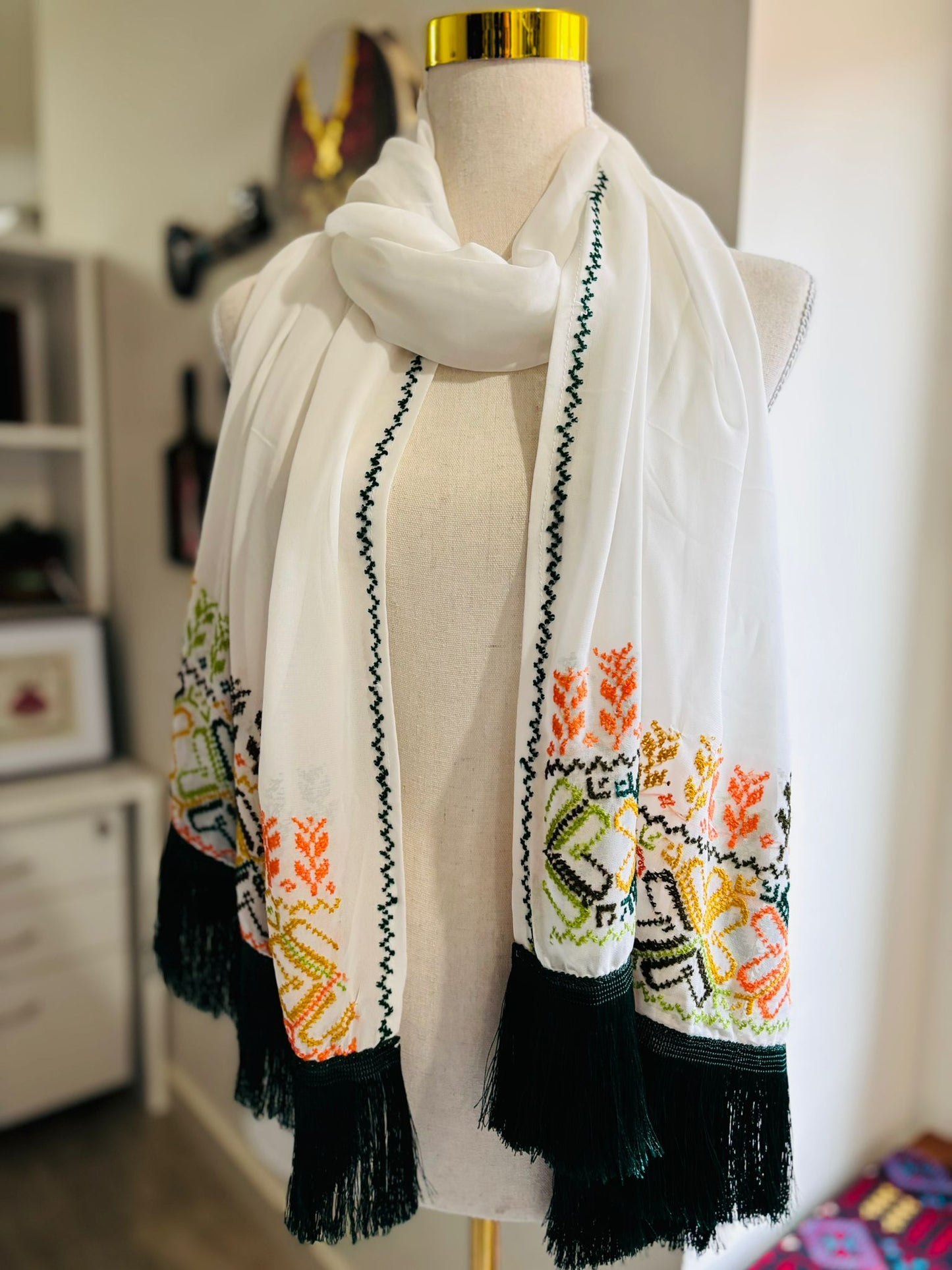Chiffon with Dark Green Hand-embroidery Shawl