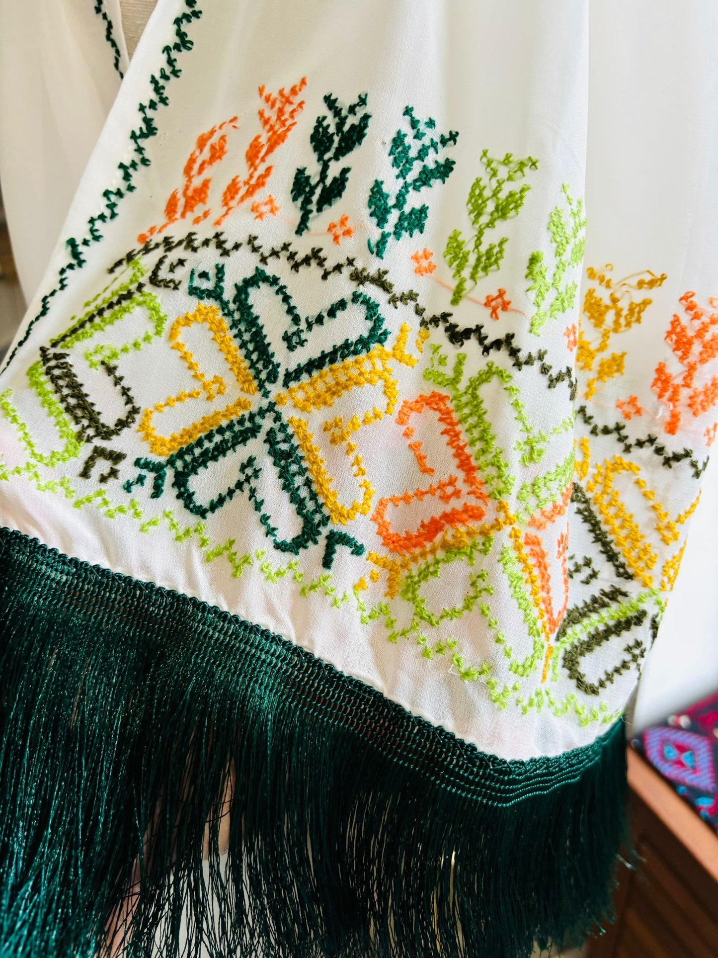Chiffon with Dark Green Hand-embroidery Shawl