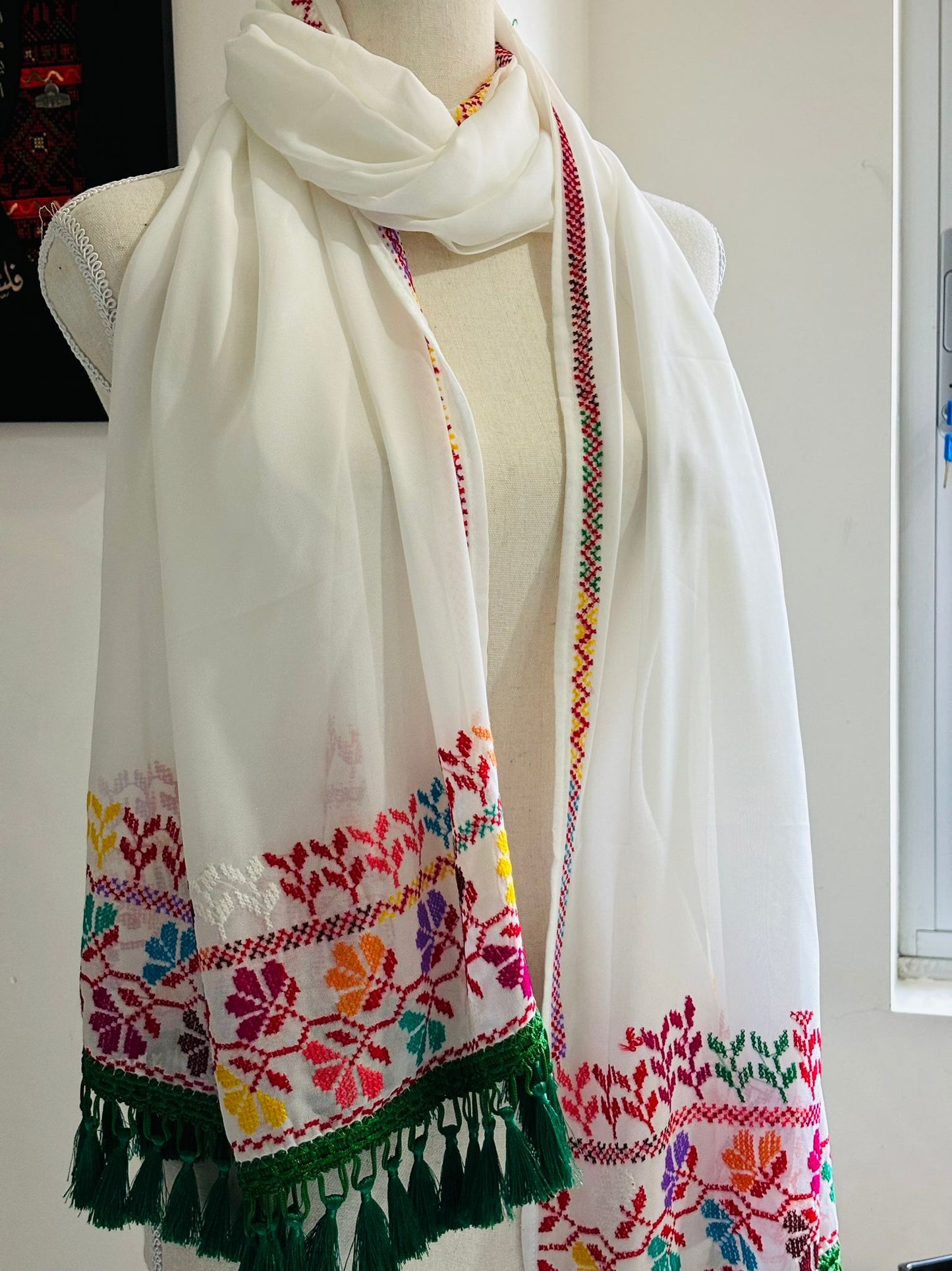 Hand embroidered White Shawl and Light Green Tassels