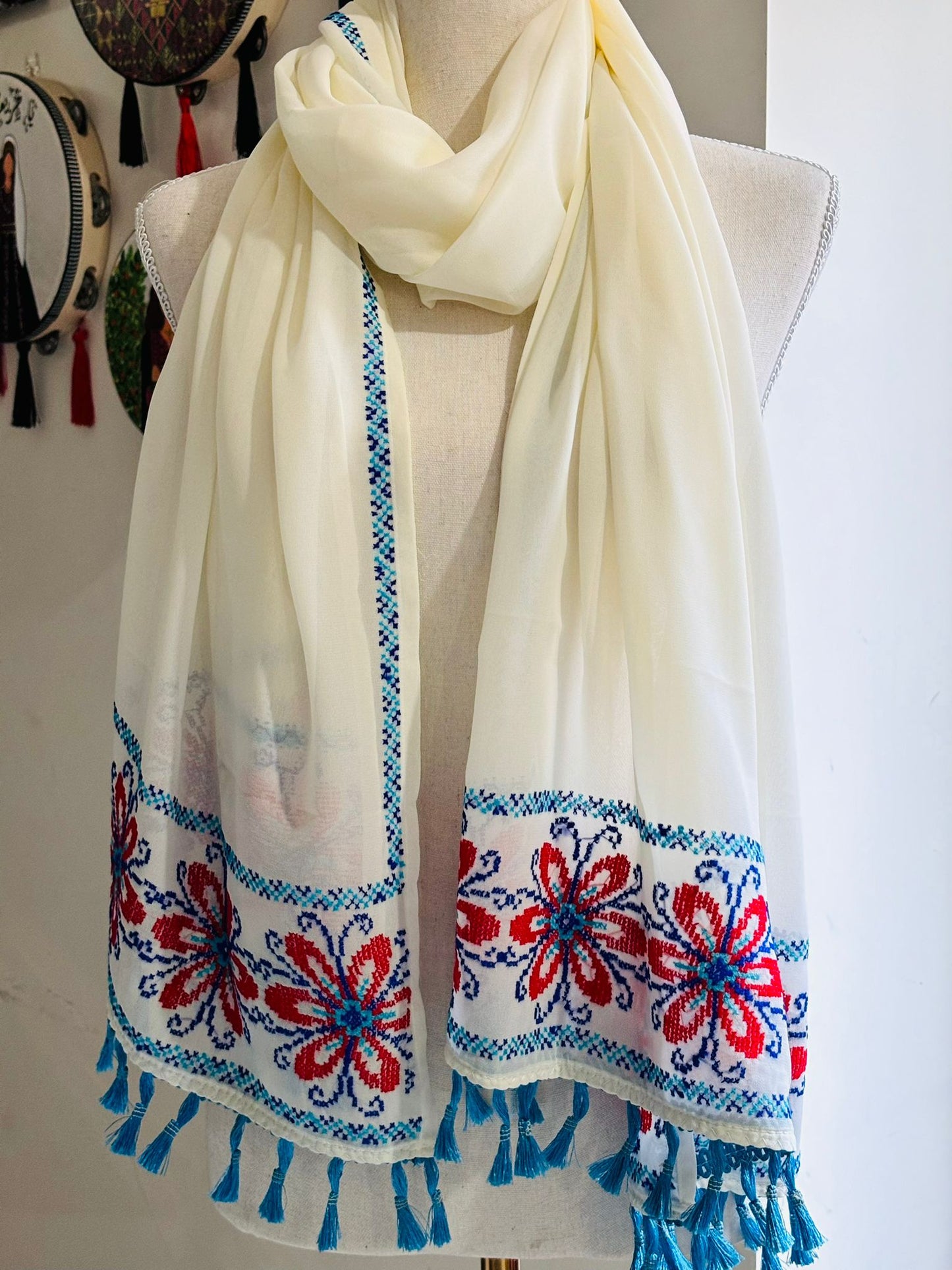Hand embroidered White Shawl with Blue and Red Tatreez