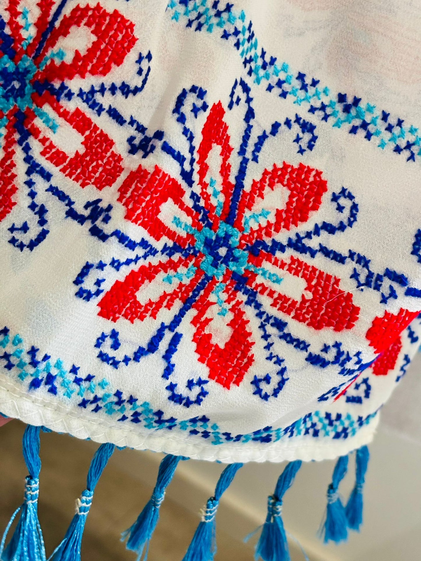 Hand embroidered White Shawl with Blue and Red Tatreez