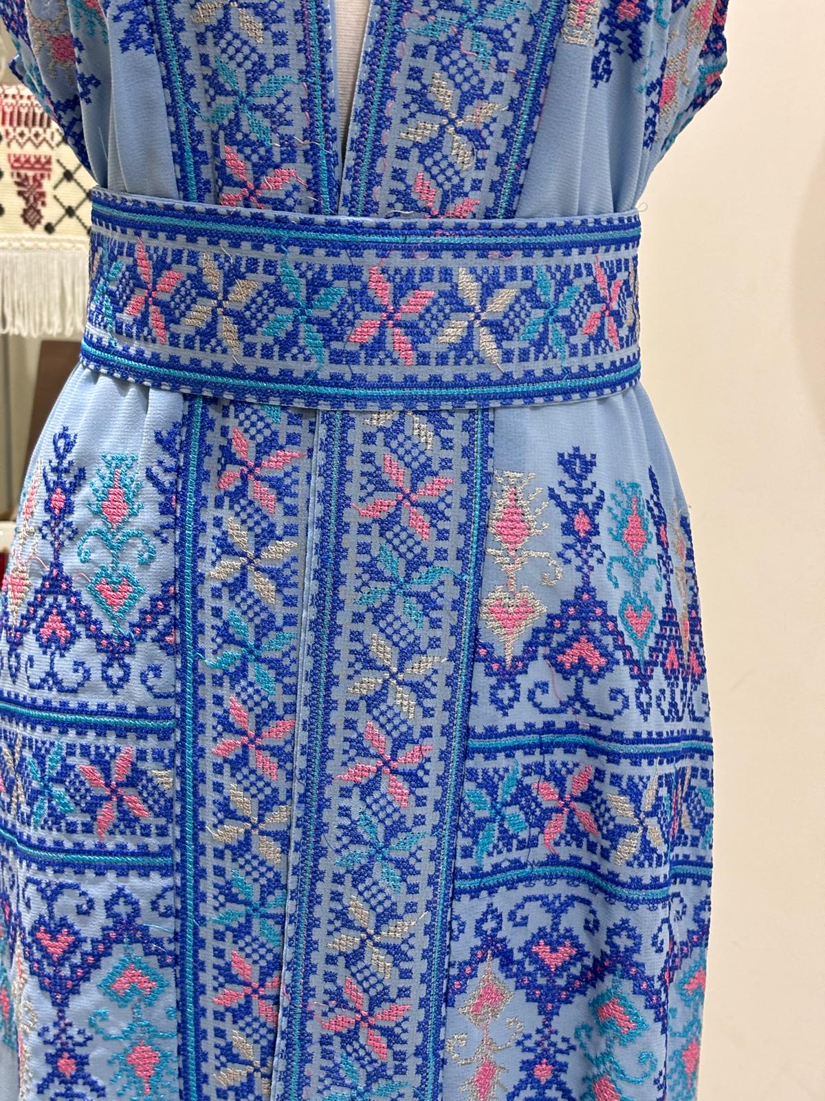 Blue Tatreez Long Vest with Belt