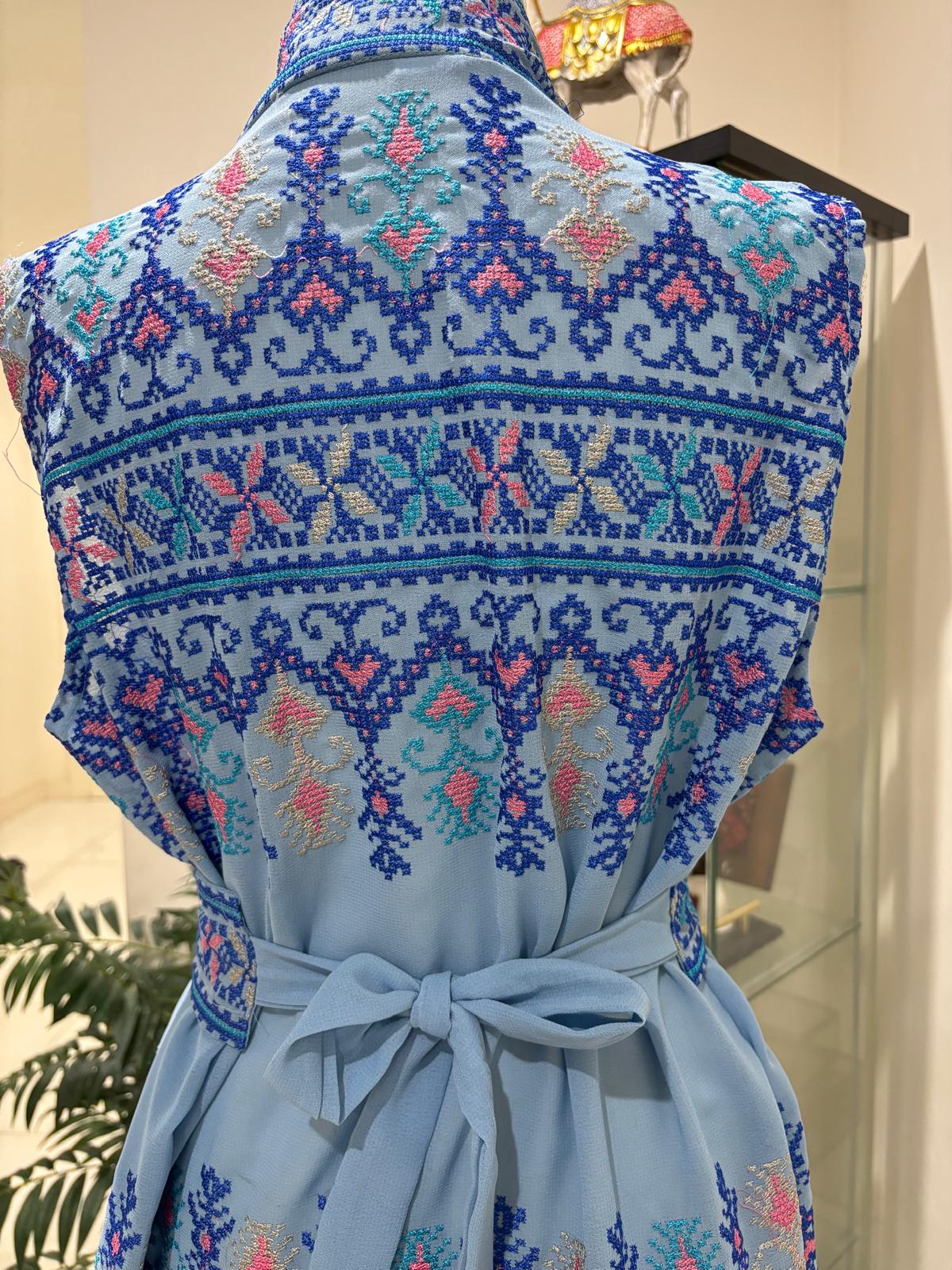 Blue Tatreez Long Vest with Belt