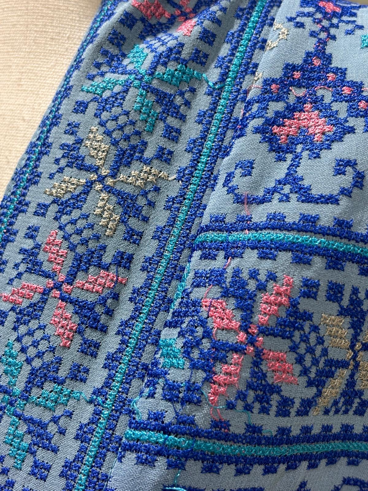 Blue Tatreez Long Vest with Belt