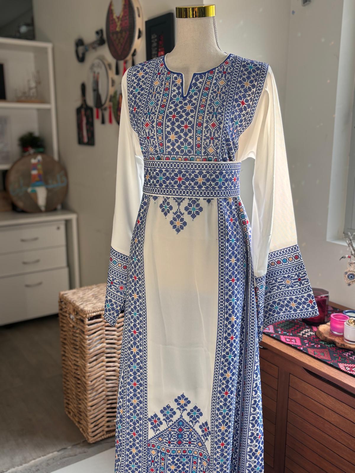 Palestinian Embroidered Thobe With Adjustable Belt  (Blue and White)