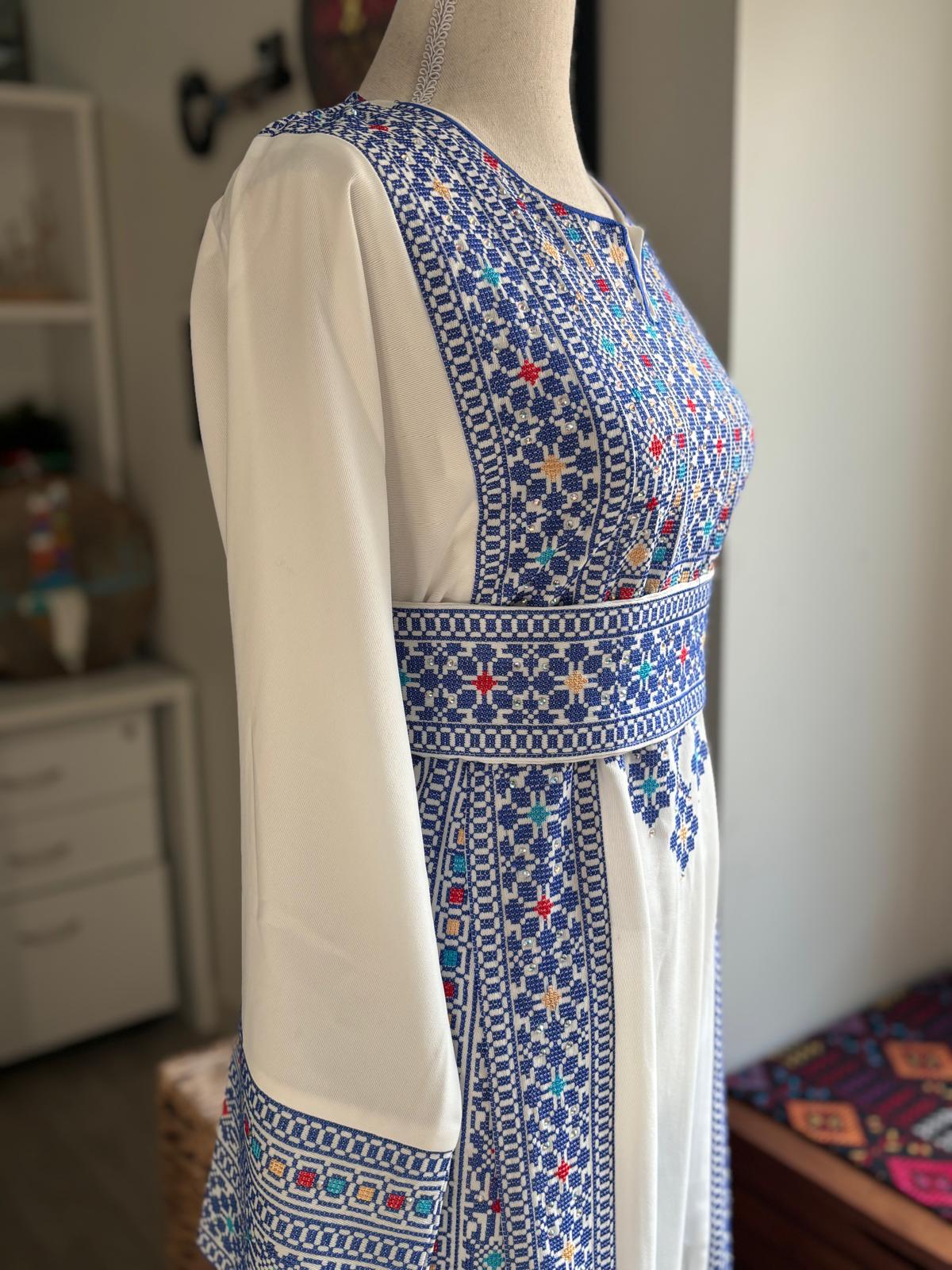 Palestinian Embroidered Thobe With Adjustable Belt  (Blue and White)