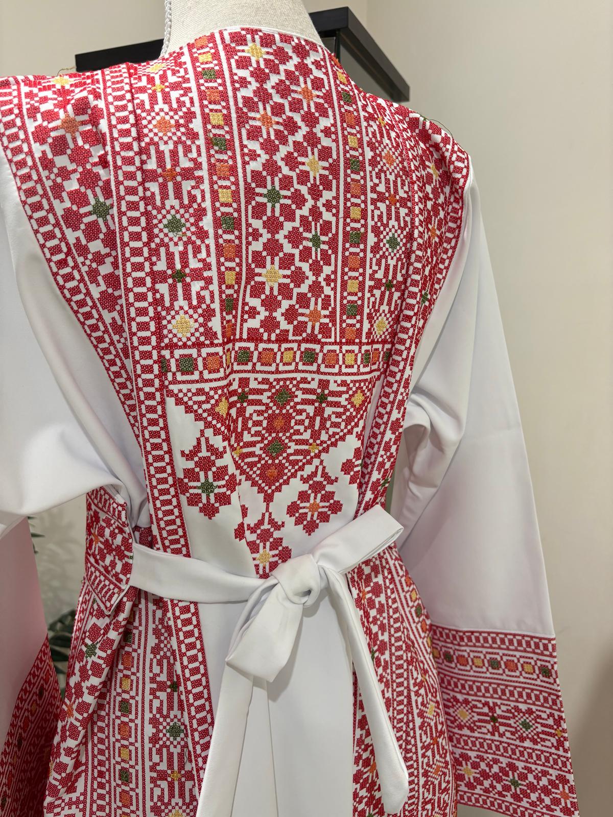 Palestinian Embroidered Thobe With Adjustable Belt  (Red and White)