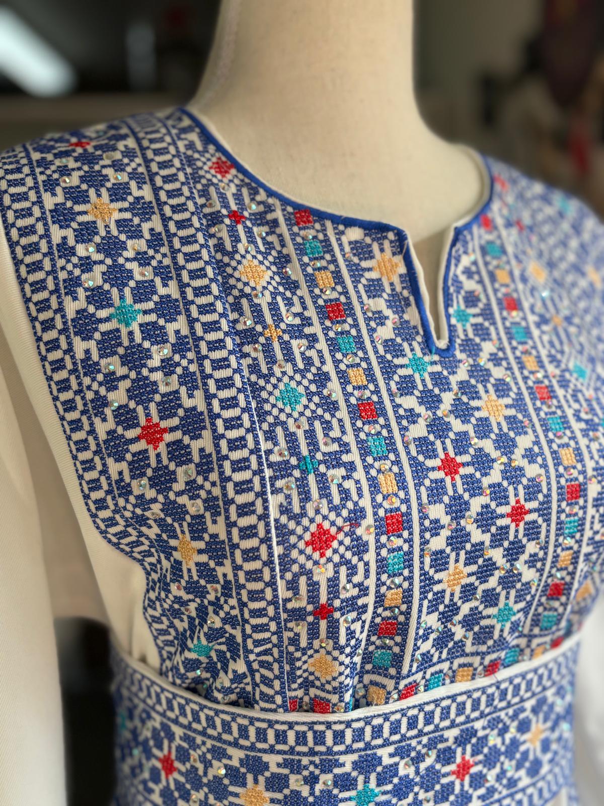Palestinian Embroidered Thobe With Adjustable Belt  (Blue and White)